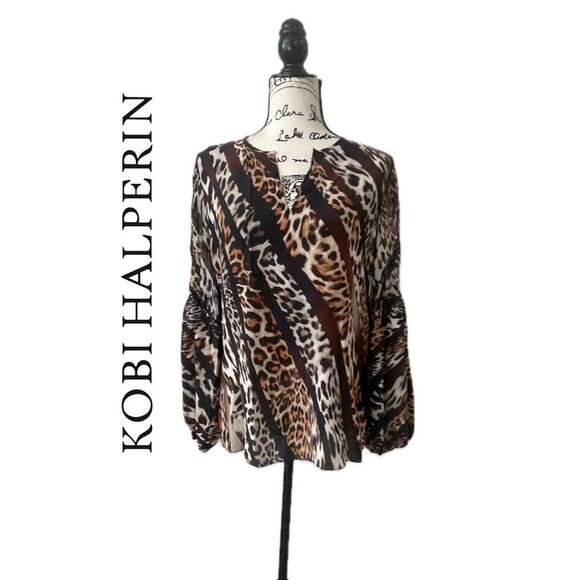 Kobi Halperin Blouse Silk Fallow Mix Leopard Print  Embellish Eye Catching Sz S - Picture 1 of 16